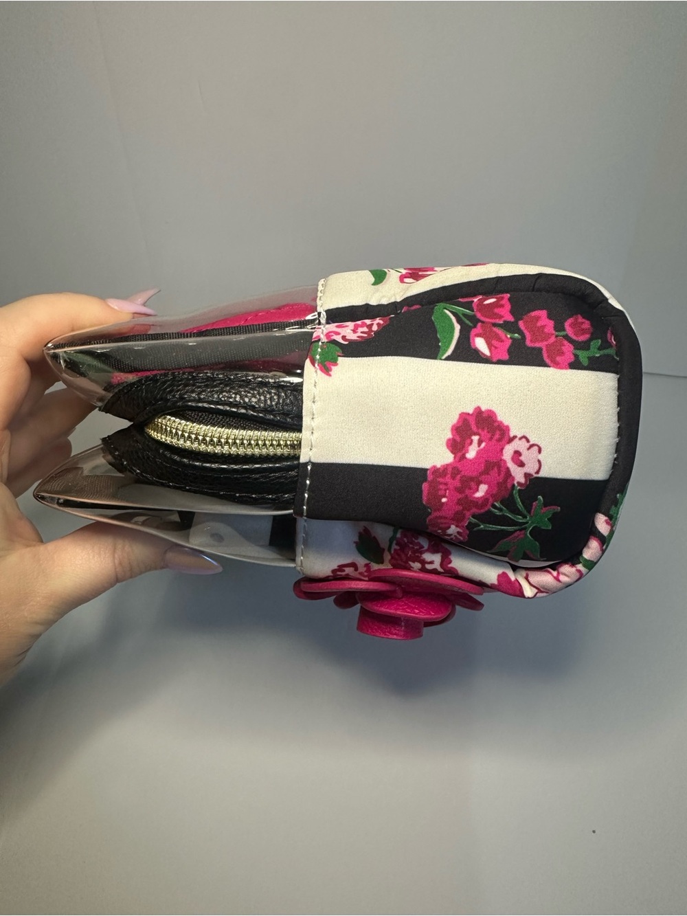Betsey Johnson 3 Piece Travel Cosmetic Bag Set Pink Floral Black & White Stripe - Picture 6 of 10